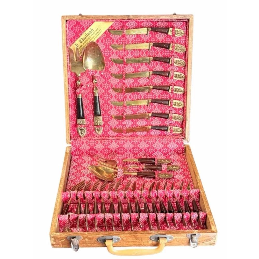 Vintage V. Thailand Jewelry & Bronze Factory Siam Bronze Flatware Set w/ Case